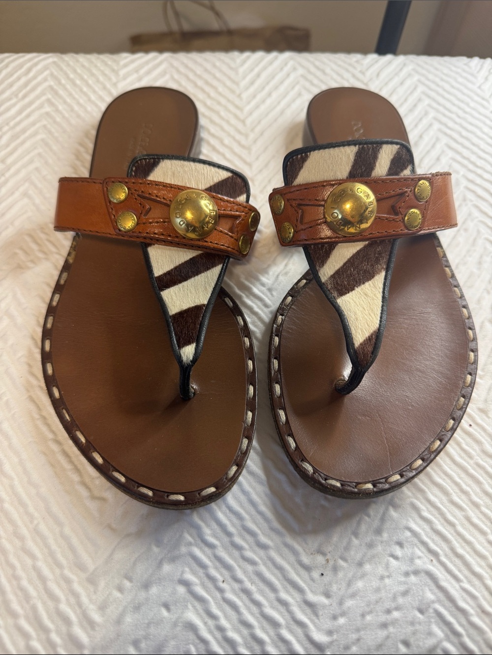 Dolce & Gabbana Brown Leather and Zebra-Print Thong Sandals with Gold Studs